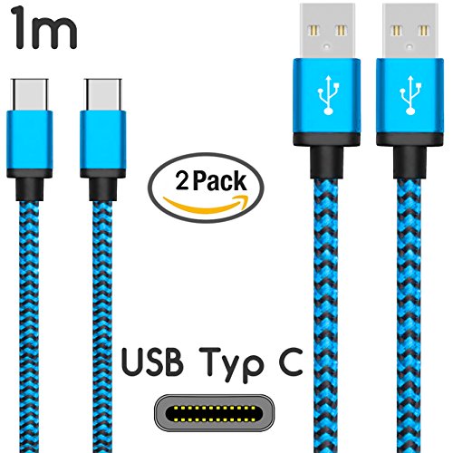 Original COVERLOUNGE - Nylon USB Typ C Kabel [2-Pack] / Datenkabel / Ladekabel [2.1 A] für alle SAMSUNG, SONY, HTC, NOKIA, GOOGLE, HUAWEI, XIAOMI, LG, ARCHOS Smartphones mit USB Typ C Anschluss | Farbe: Blau | Länge: 1 Meter / 1m
