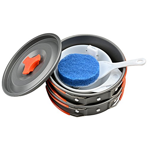Camping Kochgeschirr-Set Outdoor Geschirr- ODOLAND 8-teiliges Topf und Pfanne aus leichten Aluminium und Edelstahl-faltbare Löffel und Gabel Topf-Pfannenset für 1-2 Personen zum Camping Outdoor Wandern Picknick BBQ - 3