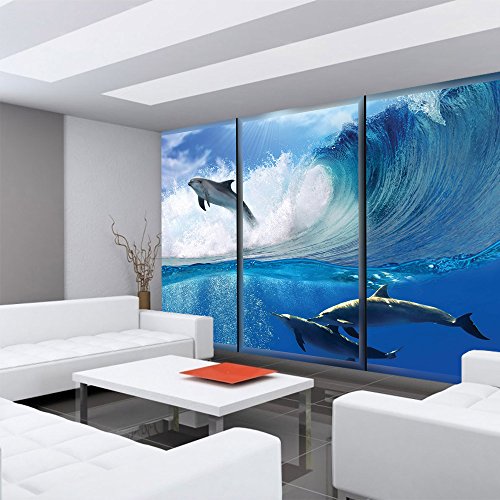 Vlies Fototapete 152.5x104cm PREMIUM PLUS Wand Foto Tapete Wand Bild Vliestapete – Tiere Tapete Delfine Tiere Wasser Meer Welle Sonne Wolken blau – no. 2064 - 6