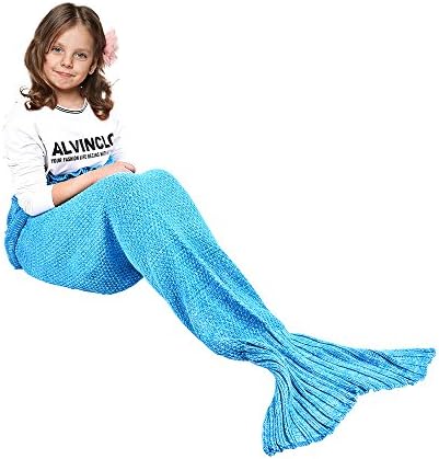 Handmade Mermaid Tail Blanket, Ecrazybaby888 All Seasons Warm Knitted Bed Blanket Sofa Quilt Living Room Sleeping Bag for Kids, Classic Pattern with Lace, 55.1" x 27.6", (140 x 70cm, Light Blue)