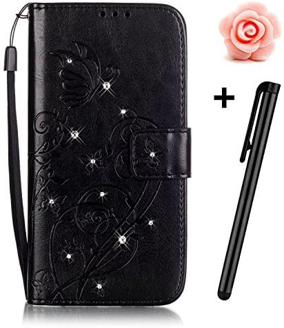 Samsung Galaxy S6 Edge Bling Wallet Case,Tebeyy Slim Premium [Leather Wallet],Flip Book Cover with Kickstand,[Magnetic Closure],[Card Slots],for Samsung Galaxy S6 Edge,Luxury Bling Diamond Rhinestone Elegant Pressed Butterfly Rose Flower Design Genuine Pu Leather Pouch Protective Case case for Samsung Galaxy S6 Edge+Free Flower Dust Plug+Free Stylus-Flower,Black