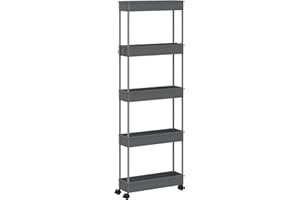 Klihome Carrello da Cucina con Ruote, Carrello a 5 Livelli, Carrellino Portaoggetti Stretto con 4 Ganci, Scaffale da Cucina, Bagno e Lavanderia, 39x12,5x107,5 cm, Grigio