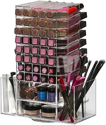 Acrylic Clear Spinning Make-Up Tower | 80 Lipstick Organiser Slots | Cosmetic Storage 4 Drawers | Brush Holder 4 Side Compartments By Organised Beauty