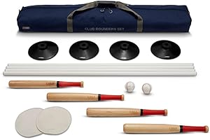 Uber Games Club Rounders Set - This full Rounders Set includes 4 wooden rounders bat with a rubber grip, 2 leather rounders balls, 4 plastic poles, and 2 rubber disc mats.