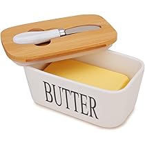 Burriera In Ceramica Con Coperchio In Bambù - Portaburro Da Frigo 16.5x10x7.5cm, Include Coltello E Spugna - Foto 12