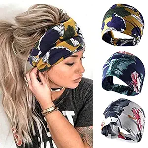 Brishow Retro Cross Headband Vintage Hairband Cloth Elastic Printed Head Wrap Scarf Stretchy Moisture Twisted Hair Accessories for Women and Girls (Pack of 3)