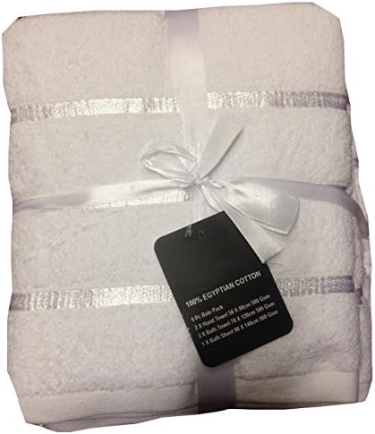 White 500 GSM Satin Stripe 100% Cotton 5 Piece Towel Bale - 2 Hand Towels &amp; 2 Bath Towels &amp; 1 Bath Sheet