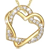 MARENJA Collar Gargantilla Mujer de Moda Chapado en Oro con Colgante de Ddoble Corazón Entrelazado de Cristal Pavé 45-50cm