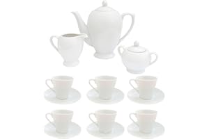 Hogar y Mas Juego CAFÉ Barista Porcelana Blanca CAFETERA|AZUCARERO|LECHERA|6 Tazas| 6 Platos
