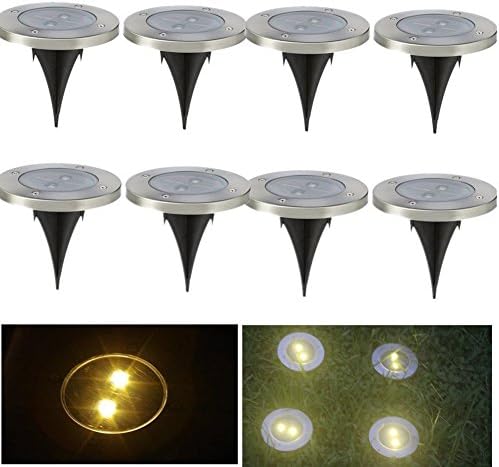 8 X Solar Spot Lights Warm White LED Garden Path Lights Wireless Solar Powered Lawn Light Waterproof Stainless Steel Deck Lights with 2 LEDs for Garden Deck Driveway Lawn Pathwy Patio Flower Tubs