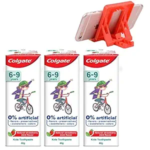 Colgate Toothpaste for Kids (6-9 years), Natural Strawberry Mint Flavour, 0% Artificial - 80g Tube (Pack of 3) + MH