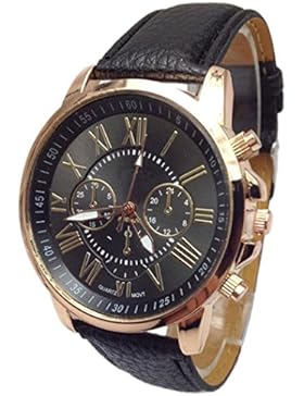 FEITONG Damenuhr Stilvolle Ziffern Kunstleder Analoge Quarz Armbanduhr Schwarz