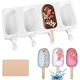 Goodern Silicone Ice Cream Molds,Reusable 4 Cavities DIY Ice Pop Moulds Homemade Oval Ice Cream Cake Mold with 20 Wooden Sticks Soft Food Grade Silicone Moulds for Popsicle Chocolate Cake Baking