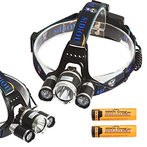 Sidiou Group 30W 5000 Lumen 3x Cree XM-L T6 Led Kopflampe / Stirnlampe, Wasserdicht Wiederaufladbare 3-Birnen High Power Zoom Scheinwerfer für Camping Angeln Radfahren Rennen Gehen Mit 2 x 3,7 V 3000mAh 18650 Akku Und Ladegerät