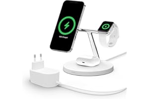 Belkin station de recharge BoostCharge Pro avec MagSafe, chargeur sans fil 3-en-1 pour iPhone 15 / 14 / 13 / 12 + Apple Watch + AirPods, recharge aimantée jusqu’à 15 W pour les modèles d’iPhone 15