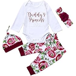 Ropa Bebe Niña Otoño Invierno Fossen Recién Nacido Niña Peleles Monos de Manga Larga + Floral Pantalones + Sombrero + Venda de Pelo,0-18 Meses Bebé Ropa (0-3 Meses, Floral)