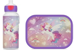 Mepal - Pausenset Campus - Set für Kinder mit Pop-up Trinkflasche & Lunch Box - Lunch-Set für die Schule oder unterwegs - Spülmaschinenfest - 400 + 750 ml - Unicorn Glow