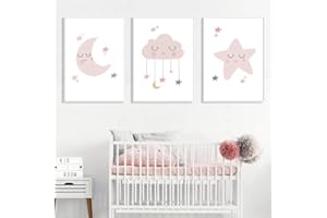 YOUIHOM 3 Poster Rosa Bambino Poster Camera da Letto Ragazza 30 x 40 cm Stampa su Tela Luna Stella Nuvola Immagine per Bambino Quadro Nordico Decorazione Della Parete Senza Cornice