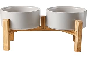 Cnwinu Elevated Dog Bowls Set,Raised Dog Bowls with Wooden Stand,Ceramic Cat Bowls for Small and Medium Dogs & Cats,Dog Feeding Station for Eating Food & Drinking Water,2 x 850 ML(Grey)