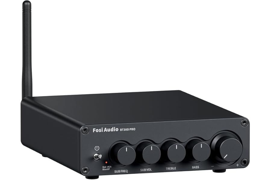 Fosi Audio BT30D Pro Mini Bluetooth Amplifier Hifi, 2.1 Channel Subwoofer Amp, with TPA3255 Chips 165W x2+350W and Bass Treble Controls, for Home Desktop Outdoor Bookshelf Speakers Subwoofers