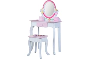 WODENY Children's Dressing Table | Kids Vanity Table Set with Stool & Mirror for Girls Makeup | Wooden Child Vanity Tables Set with Drawer (Pink)