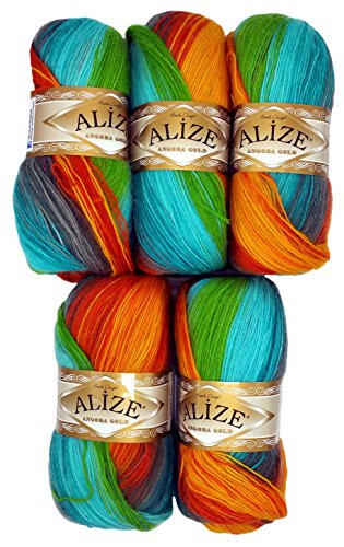 5 x 100 g Alize Strickwolle Farbverlauf terrakotta orange grün mint türkis Nr. 4835 zum Stricken und Häkeln, 500 Gramm Wolle mit Mohair