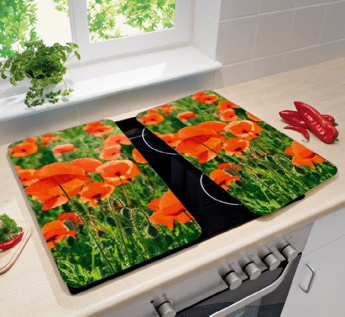Wenko 2521434500 Herdabdeckplatte Universal Mohnfeld – 2er Set, für alle Herdarten, Gehärtetes Glas, 30 x 1.8-4.5 x 52 cm, Mehrfarbig - 4