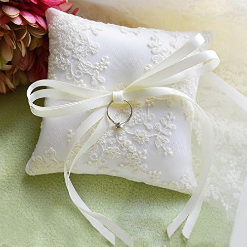 LORTAL Wedding Ring Pillow with Embroidery Ivory Cushion Bearer For Beach Wedding 5.1 inch x 5.1 inch 8.26 Inch RP15