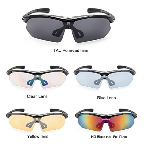 Sonnenbrille, Robesbon 5 in 1 Polarisiert Sportbrille / Fahrerbrille Verspiegelt mit 5 Brillengläser und Tasche für Herren und Damen, Geeignet für Fahrren und Sport wie Radsport, Schwarz - 2