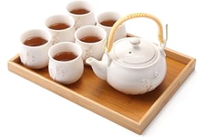 Dujust Japanese White Porcelain Tea Set - Teapot, 6 Tea Cups, Tray & Stainless Infuser - Plum in Golden