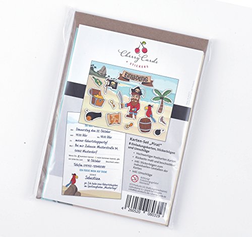 + STICKER: 8er Set „Pirat“ – 8 Einladungskarten, 8 Umschläge & 8 Stickerbögen mit Aufklebern – Schatzkarte Schatzsuche Piratenparty Kindergeburtstag – Geburtstagseinladungen zum Bekleben, Individualisieren, Basteln für Kinder, Mädchen, Jungen - 7