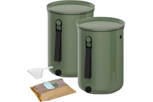 SKAZA EXCEEDING EXPECTATIONS. Skaza - Set di 2 Bokashi Organko 2 (9,6 L) | Primate Composter da cucina in plastica riciclata | Starter Set per rifiuti di cucina e compostaggio | con attivatore di fermentazione 1 kg (oliva)