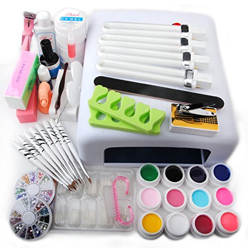 Fashion Gallery Pro Full 36W White Cure Lamp Dryer & 12 Color UV Gel Nail Art Brush Deco Set