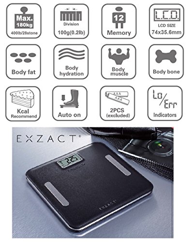 EXZACT Elite Leder-Optik (Lederoptik) Plattform – Körperanalyse / Elektronische Personenwaage / Digitale Badezimmerwaage – Körperfett/ Wasseranteil/ Körpermuskulatur/ Knochen – 12 Benutzerspeicher – Extra hohe Kapazität: 180 kg / 400 lb (Schwarz) - 4