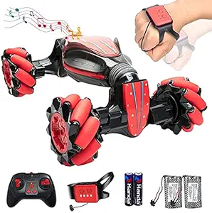 ROYALDEALS - RD RC Stunt Car, 4WD 2.4GHz Remote Control Car, Deformable All-Terrain Off Road Car, 360 Degree Flips Double Sided Rotating Race Car with Gesture Sensor Watch Lights Music for Kids (Red)