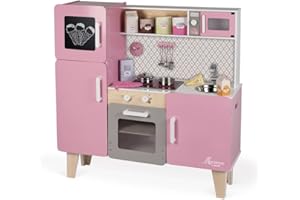 Janod - Macaron Wooden Maxi Cooker for Children - Cooker for Children Equipped with a Fridge and a Microwave - Pretend Play - 15 Accessories Included - For children from the Age of 3, J06571, Pink