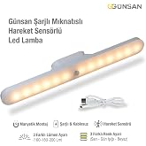 G&uuml;nsan Şarjlı Mıknatıslı Hareket Sens&ouml;rl&uuml; Led Lamba - Dolap İ&ccedil;i, Mutfak, Kitaplık, Tezgah Altı Aydınlatma - 3 Renk Modu - Dim