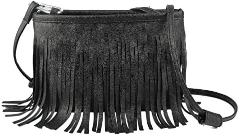Profsuion Circle Faux Leather Tassel Shoulder Bag Solid Color Messenger Bag Handbag Crossbody Tote Satchel (Black)