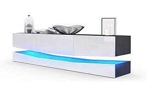 Vladon Mueble TV City, Cómoda TV con Elemento Inferior, 1 Compartimento Abierto y 3 Cajones, Negro de Alto Brillo/Blanco de Alto Brillo, incluida iluminación LED (178 x Variable x 39 cm)