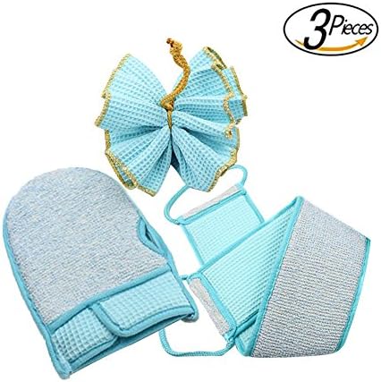3 Pcs Body Back Scrubbers Set, JINYO Ramie bath Back Strap &amp; Bath ball &amp; Shower Rubbing Gloves for Men and Women (Blue)
