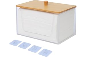 Gzsekken Disposable Face Towel Holder, Acrylic Bathroom Basket Facial Towels Storage Box,Wall Mounted Large Tissue box with Bamboo Lid Bath Shelf Tabletop Storage Box for Cleansing Cloths, Makeup