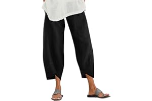 ZANZEA Damen Freizeithose Baumwolle Leinen Kurze Hose Lockere Passform Gerade Elastische Taille Chinohose mit Tasche