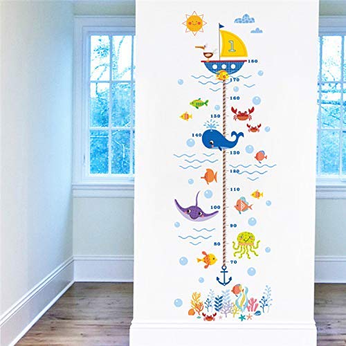 Preisvergleich Produktbild HSQMM Wandaufkleber Cartoon Unterwasser Hai Fisch Boot Höhe Maßnahme Wandaufkleber Für Kinderzimmer Wachstumstabelle Wandtattoos Poster Bad Wandbild