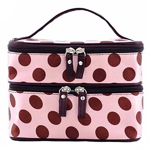 Chic Cute Lady's Dot Pattern Makeup Case Double Layer Cosmetic Hand Bag Tool Storage Toiletry (Pink)