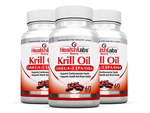 Health Labs Nutra Omega 3 Olio di Krill 1000mg per porzione (2 softgels) Scorta Concentrazione Più Alta di Omega-3, 6 9 DHA/EPA (Confezione da 3)