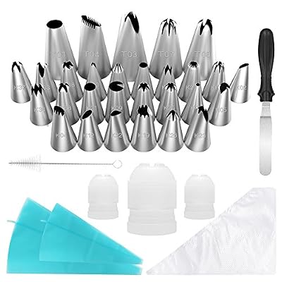 Kootek 56pcs Numérotés Douilles Pâtisserie en Acier Inox avec 29 Gros Petit Douilles, 22 poche à douille, 1 Spatules coudées à pâtisserie, 3 Réutilisable coupleurs normes Professionnelle DIY Kits pour Décoration de Gâteaux Crème