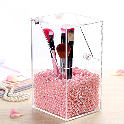 Acryl Make-up Pinsel Organizer, ZRO Premium Qualität Staubdicht Kosmetik Bürsten Sets Schaukasten Transparente Große Aufbewahrungsbox mit Rosa Perlen - 2