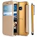 Produktbild Handyhülle für HTC One M9,Vandot 2 in1 Set Fenster Transparent Ultra Dünn Flip Case für HTC One M9 Exklusive Slim Thin Book Buch Tasche mit Matt Klar Rückseite Cover Rahmenschutz Hülle Hart Hard Plastic Schale Crytsal Tasche Etui Anti Scratch Protector Protection Case handytasche Eckenschutz Kantenschutz Gold Gelb + Metall Pen Stift Stylus