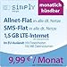 Produktbild simply LTE 1500 [SIM, Micro-SIM und Nano-SIM] monatlich kündbar (1,5 GB LTE-Internet mit max. 50 MBit/s inkl. Datenautomatik, Telefonie-Flat, SMS-Flat, aus dem EU-Ausland in alle EU-Netze: 100 Freieinheiten und 100 MB Internetvolumen, 9,99 Euro/Monat) O2-Netz