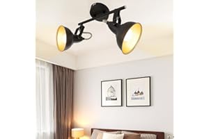 Depuley Lampa sufitowa w stylu vintage, regulowana, oprawa E14 (żarówka nie wchodzi w zakres dostawy), lampa sufitowa LED z metalu, czarno-złota, podwójna głowica, do salonu, sypialni, biura,